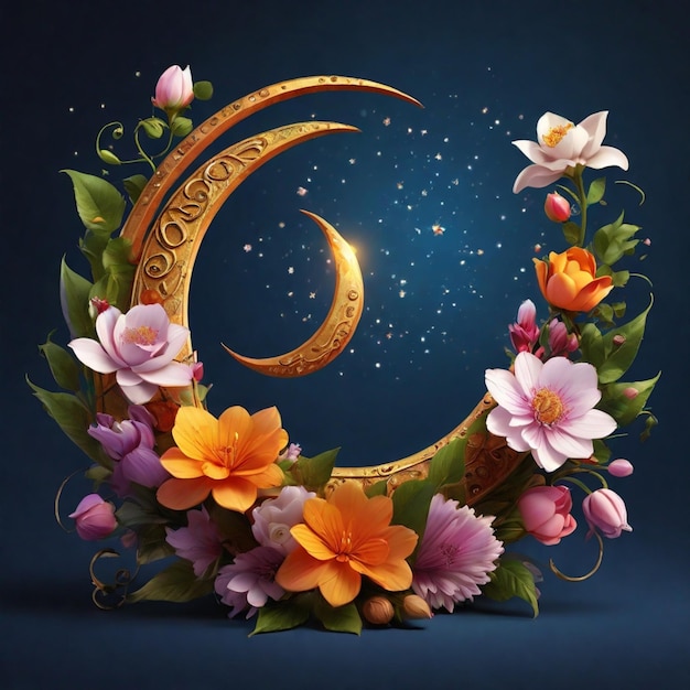 a wreath with flowers and a crescent moon on it