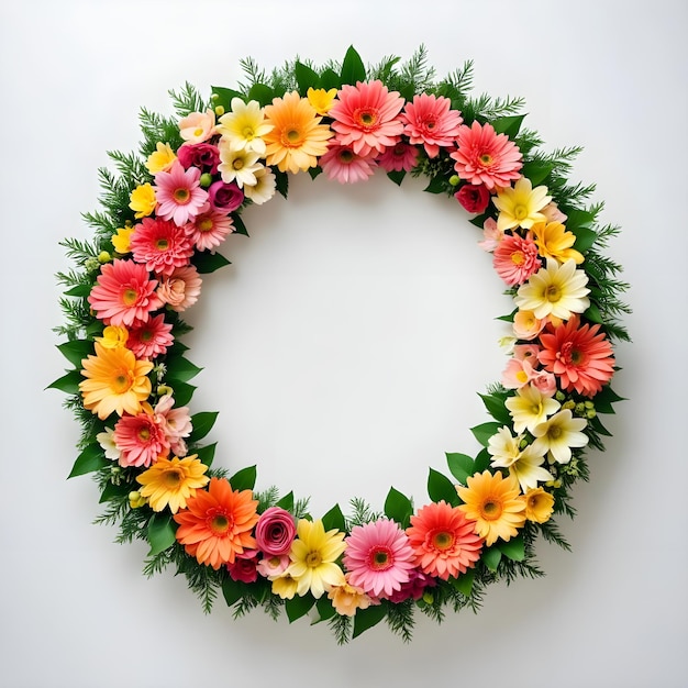 Photo a wreath with flowers on it is made by a circle of flowers