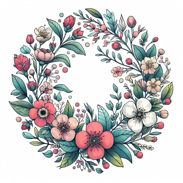 Photo a wreath with flowers and leaves and a circle with the word spring on it