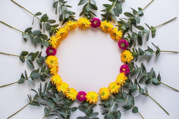 a wreath with flowers and leaves on a white background