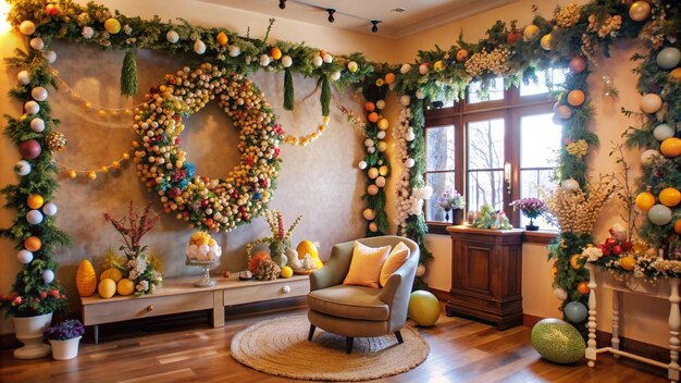 a wreath with a globe on it is displayed in a room with a blue background with a blue background wit