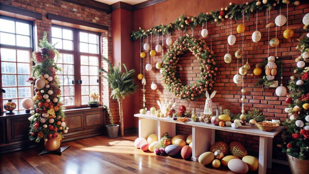 Photo a wreath with a globe on it is displayed in a room with a blue background with a blue background wit