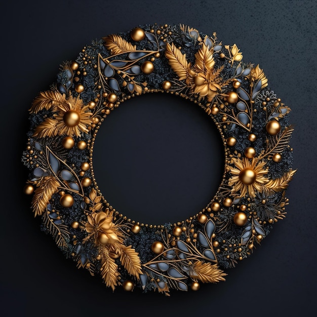 A wreath with gold and blue decorations on a black background generative ai image