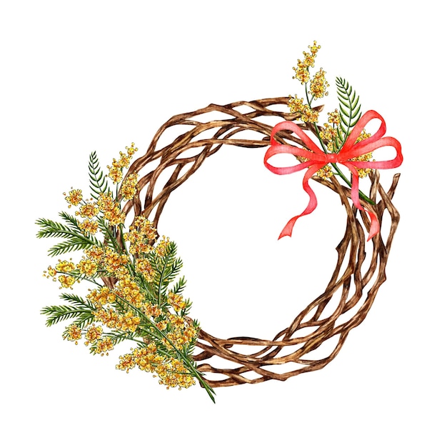 Wreath with mimosas and watercolor bow