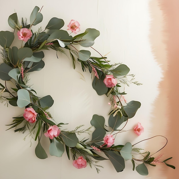 Photo a wreath with pink flowers and green leaves on a white background