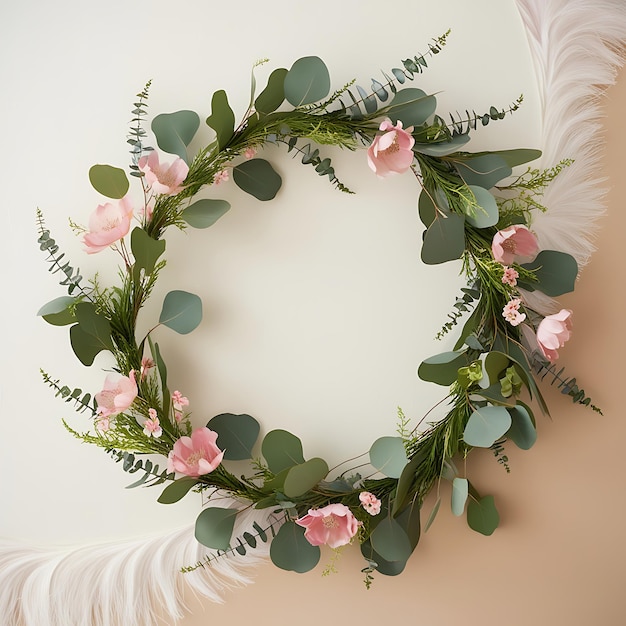 a wreath with pink flowers and green leaves and a white feather