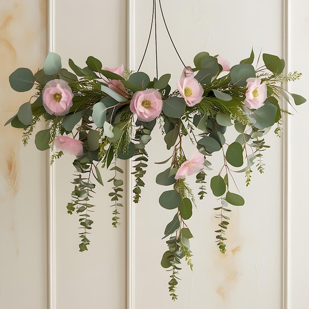 Photo a wreath with pink flowers hanging from a white wall