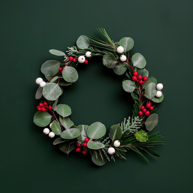 a wreath with red berries and green leaves on a green background