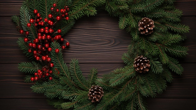 a wreath with red berries and pine cones on a wooden background