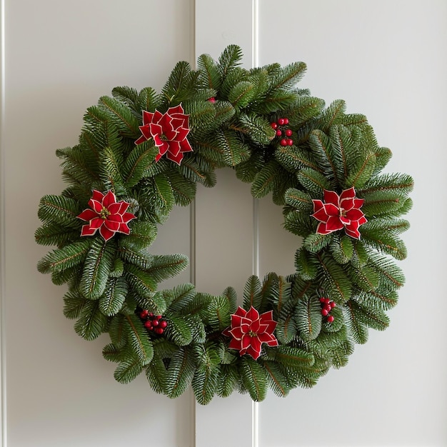 a wreath with red flowers on it is hanging on a door