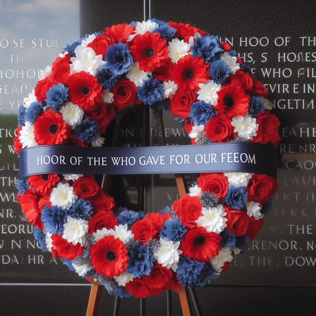 Photo a wreath with red white and blue flowers is placed in front of a quote from the lord of the lord