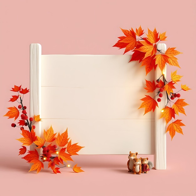 a wreath with a white board with a red and yellow leaves on it