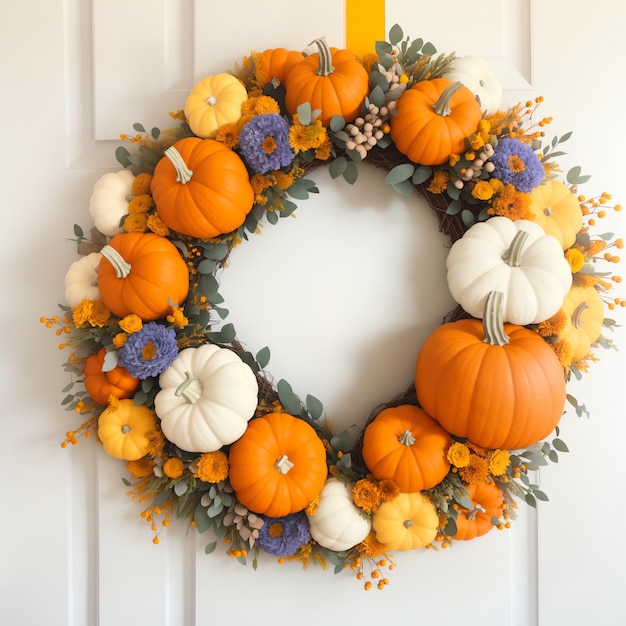 wreath with white and yellow pumpkins and flowers Home Decor