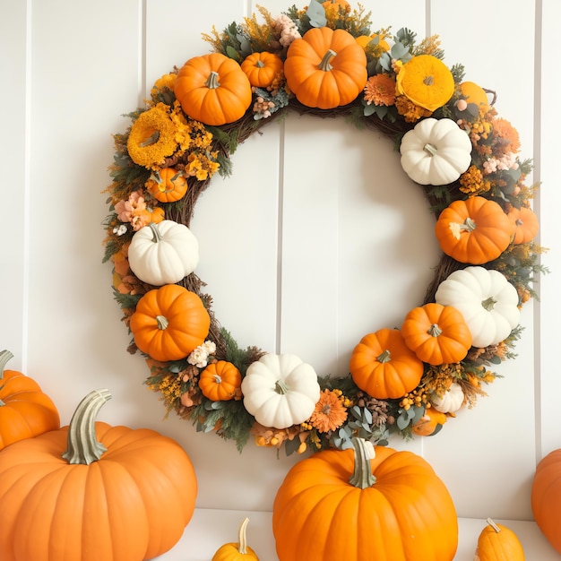 wreath with white and yellow pumpkins and flowers Home Decor