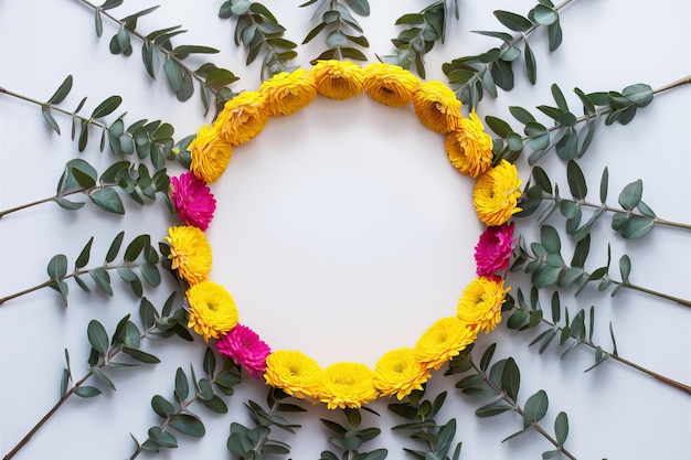 a wreath with yellow and pink flowers on a white background