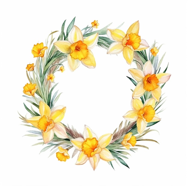 A wreath of yellow daffodils with green leaves and yellow flowers.