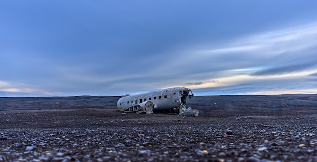 Wreck of and airplane in iceland long exposure panorama