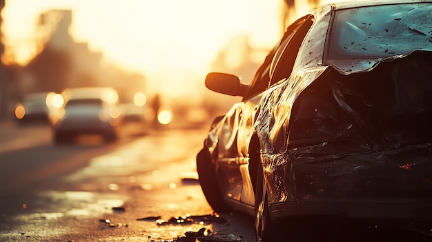 A wrecked car on the side of the road at sunset