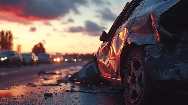 A wrecked car sits on a city street at sunset