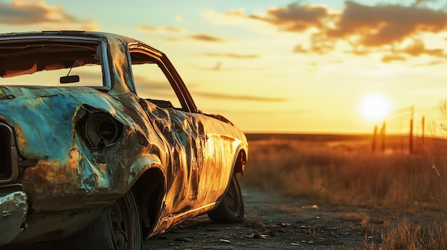 A wrecked car sits in a field at sunset