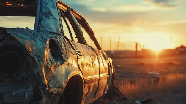 A wrecked car sits in a field during sunset