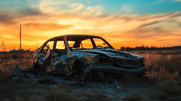 Photo a wrecked car sits in a field at sunset