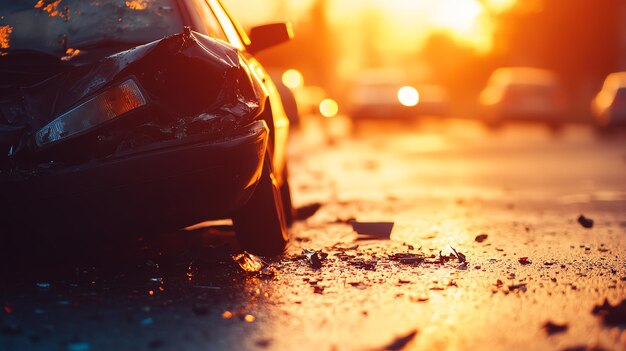 A wrecked car sits on the side of a road at sunset with debris scattered on the asphalt