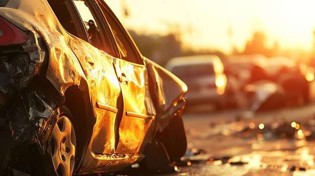 Photo a wrecked car sits on the side of the road at sunset