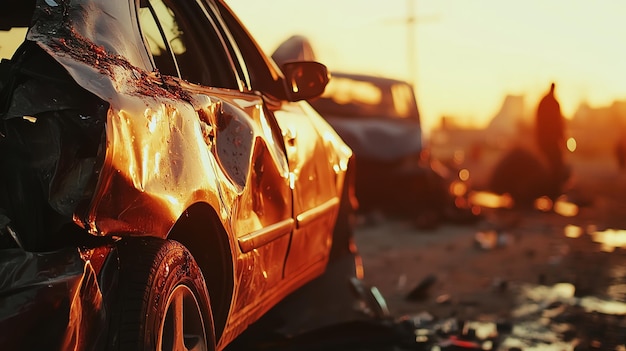 A wrecked car sits on the side of the road at sunset