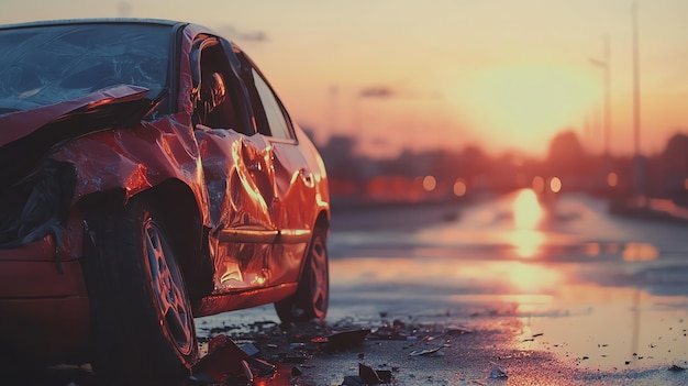 A wrecked car sits on the side of a road at sunset