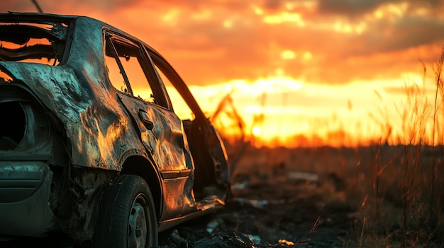 Photo a wrecked car sits on the side of the road at sunset