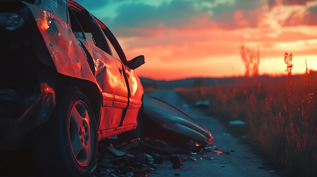 A wrecked car sits on the side of the road at sunset