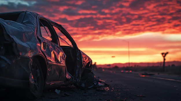 A wrecked car sits on the side of the road at sunset