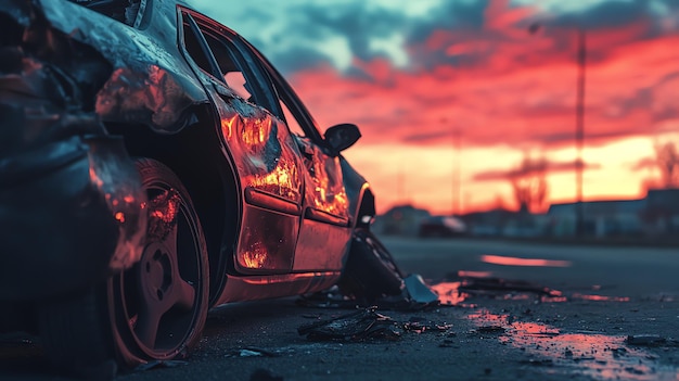 A wrecked car sits on the side of the road at sunset