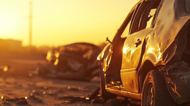 A wrecked car sits on the side of a road at sunset