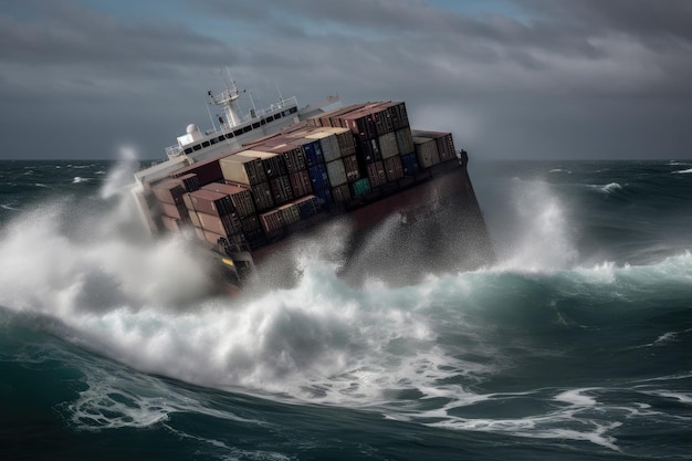 Wrecked cargo ship with conatiners in stormy sea with large waves Generative AI