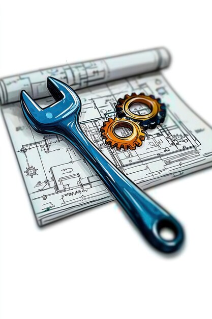 Photo wrench and gears on blueprint