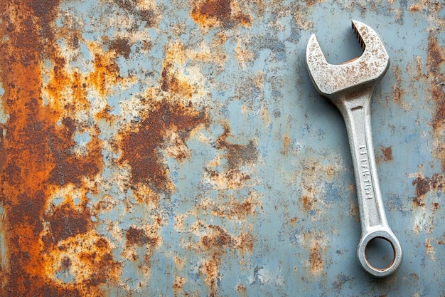 Photo wrench on a rusty metal sheet