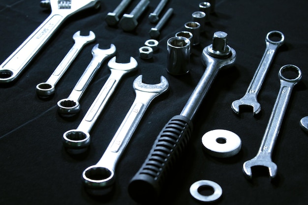 Wrenches Bolts And Nuts Isolated On Black