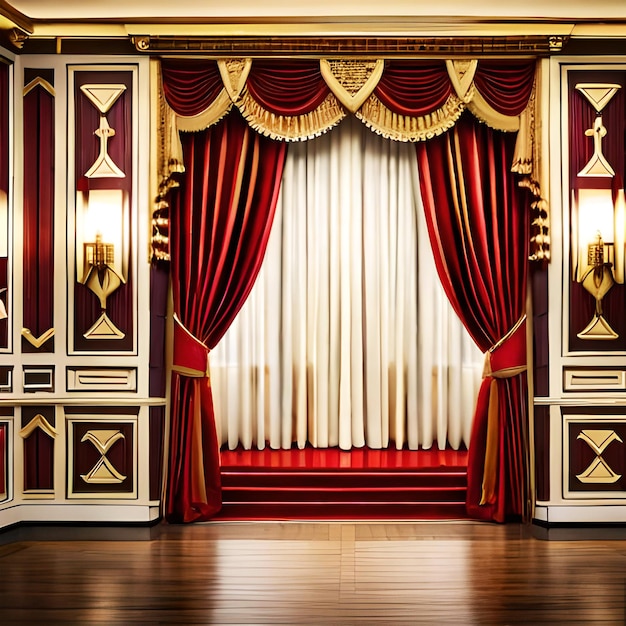 Wrinkled red curtain with lambrequin decorated golden tassels