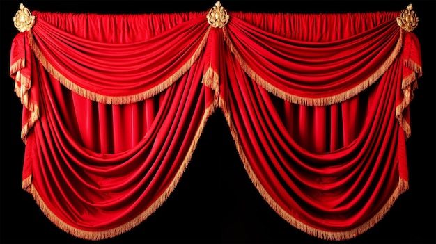 Wrinkled red curtain with lambrequin decorated golden tassels