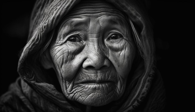 Wrinkled senior woman praying with religious veil generated by AI