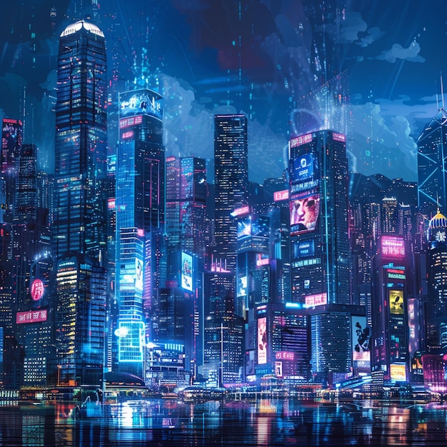 Write about a city skyline illuminated with holographic advertisements