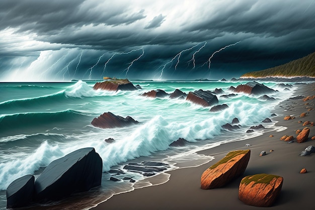 Write about a rocky coastline during a storm