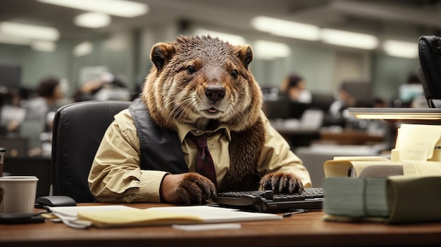 Write a scene where a diligent beaver is working in a bustling office environment typing away on a