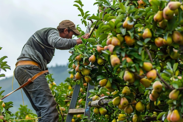 Write a scene where farmers climb ladders to reach generative ai