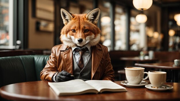 Write a scene where a sophisticated anthropomorphic fox is sipping coffee at a trendy cafe while rea