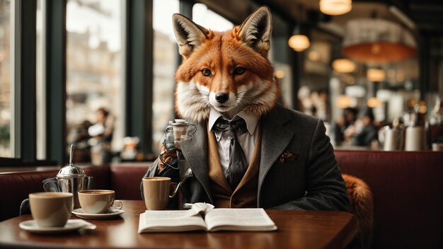 Write a scene where a sophisticated anthropomorphic fox is sipping coffee at a trendy cafe while rea