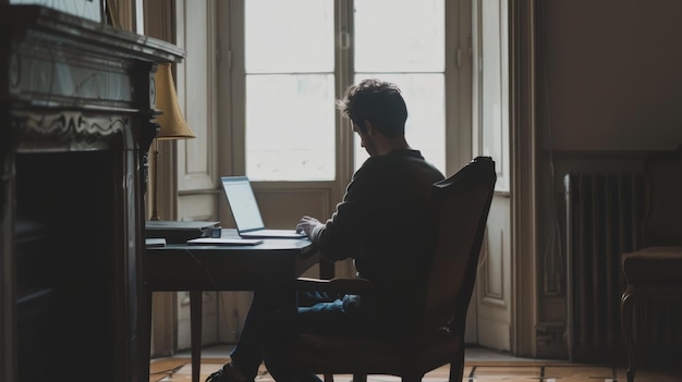 Writer creating novel on laptop in tranquil workspace with minimalist desk and chair