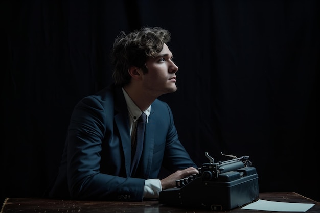 writer man in a black jacket typing on typewriter